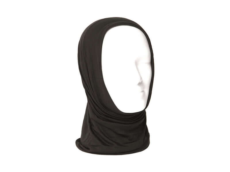 Echarpe multi-fonction Noir présentée sur un support, idéale pour la protection contre le froid et le vent.