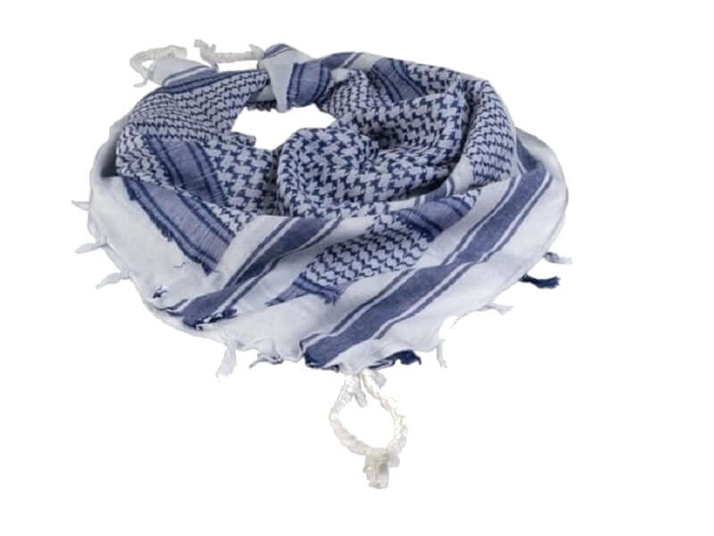 Shemagh Bleu écharpe tactique polyvalente en extérieur, utilisée pour se protéger du vent, de la poussière et du soleil.