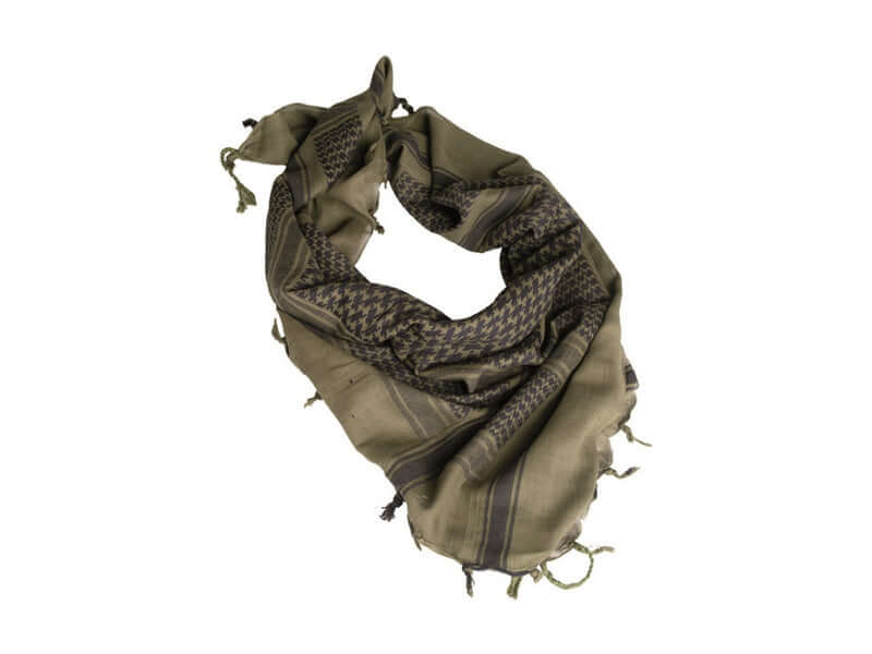 Shemagh Olive/Noir, écharpe tactique inspirée du keffieh, protection extérieure contre les éléments.