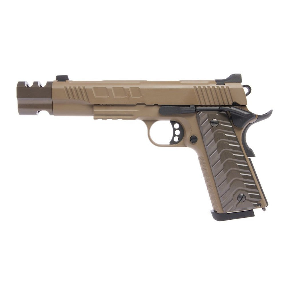 Pistolet airsoft KJ Works KP-16 1911 custom tan CO2 avec compensateur