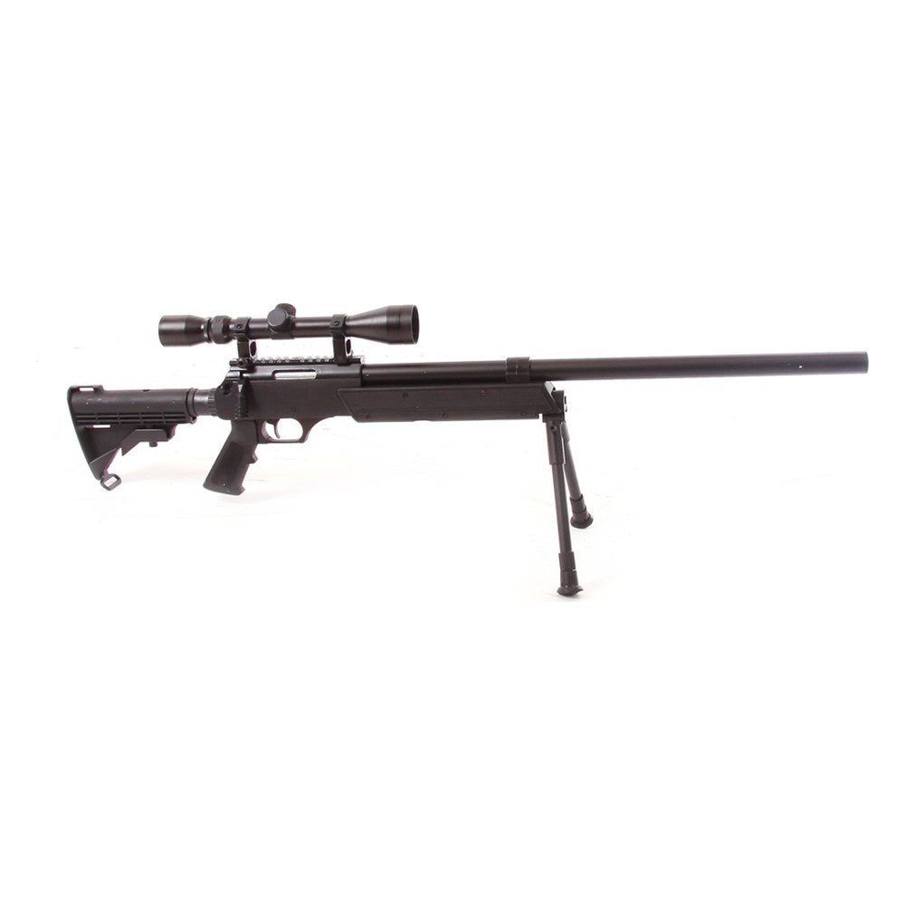 Réplique sniper airsoft Well MB06D noire avec lunette 4x32 et bipied