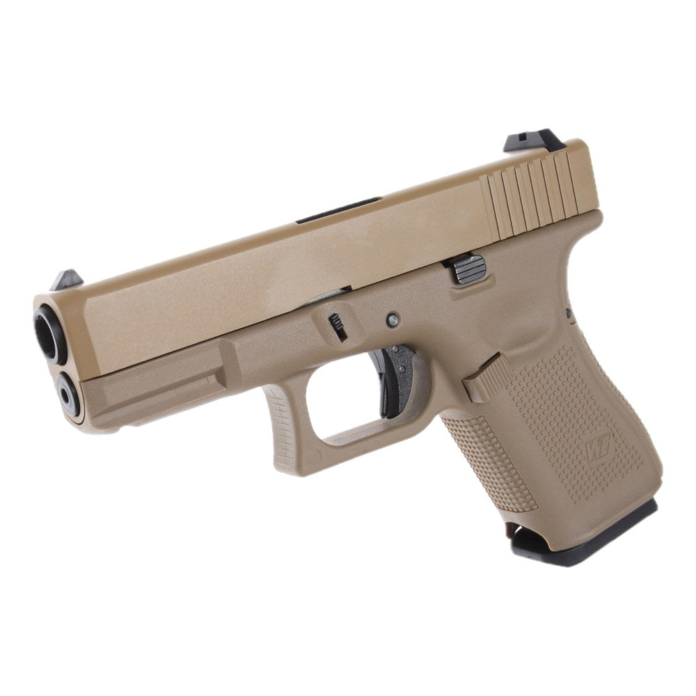 Pistolet airsoft WE 19.5 GBB full metal coloris tan – vue de trois quarts avant